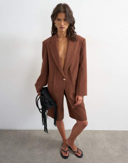 Topshop - Blazer oversize a pannelli extra largo marrone in coordinato