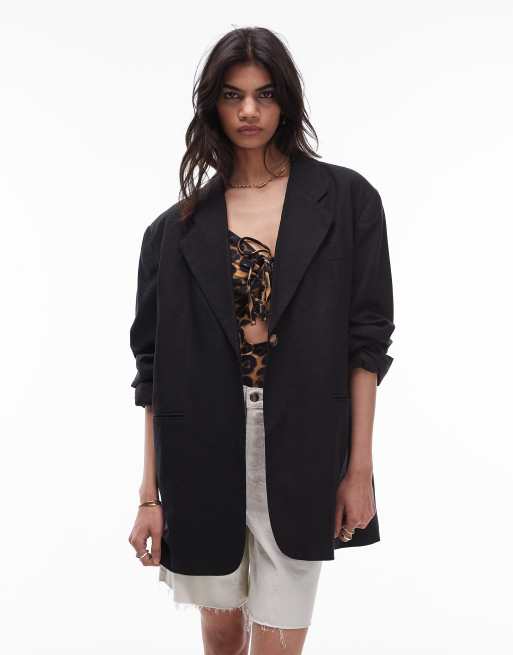 Topshop - Blazer oversize in lino nero ad alta resistenza