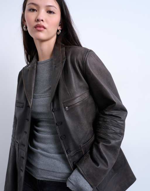 Topshop - Blazer premium in vera pelle nero slavato con tasche applicate, 2 di 4
