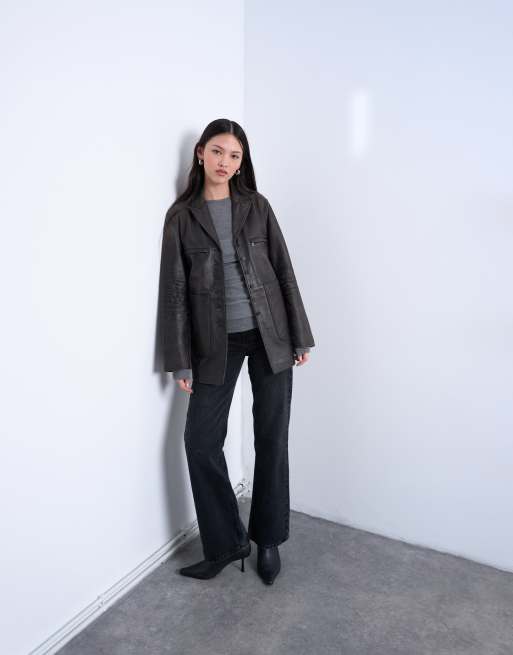 Topshop - Blazer premium in vera pelle nero slavato con tasche applicate, 3 di 4