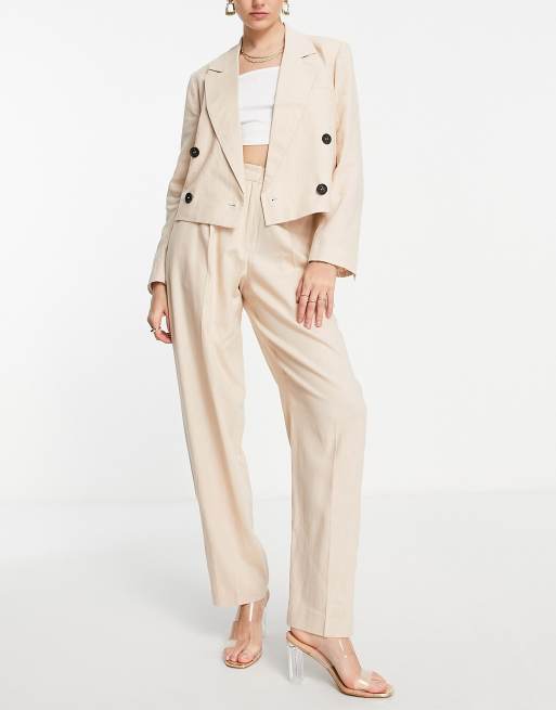 Topshop - Blazer sartoriale doppiopetto in misto lino color pietra in coordinato