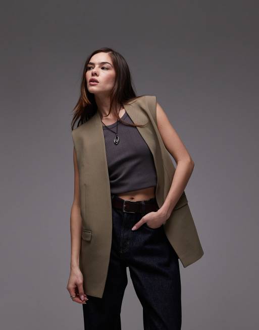 Topshop - Blazer senza maniche color fungo in coordinato
