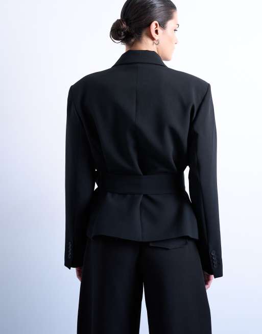 Topshop - Blazer squadrato corto nero con cintura , 3 di 4