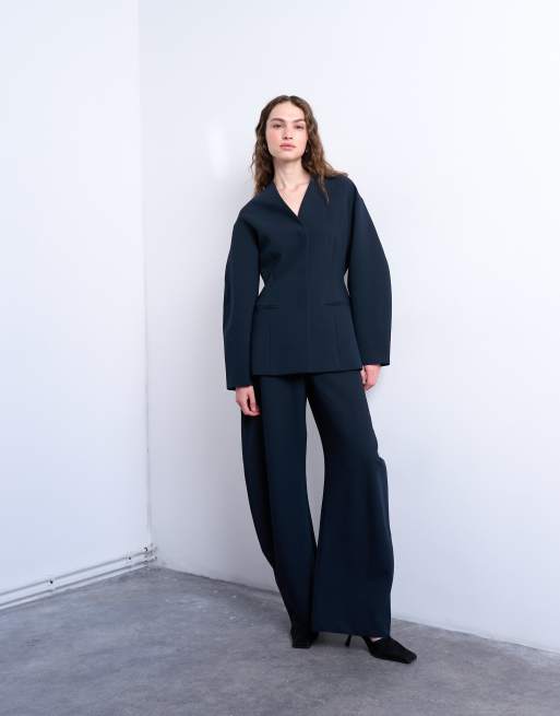Topshop - Blazer strutturato blu navy senza colletto, 2 di 4