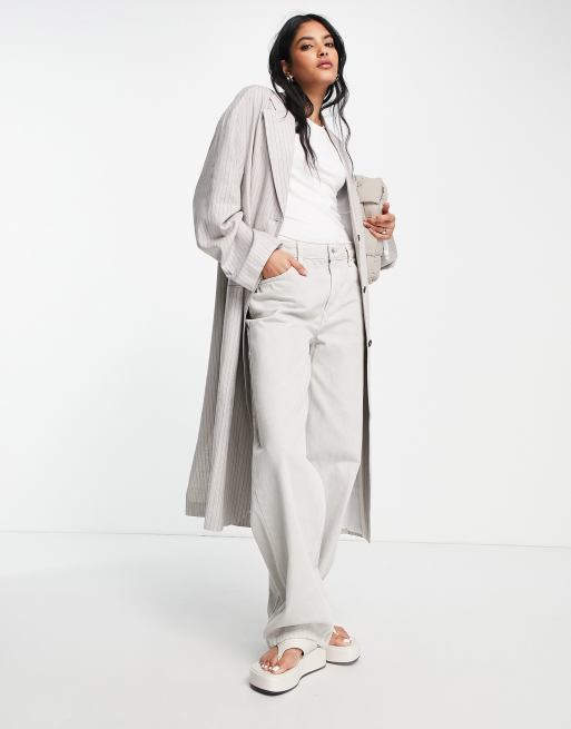 Topshop - Blazer taglio lungo in lino beige gessato