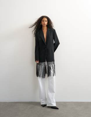 Topshop Blazer With Fringe Detail In Black
