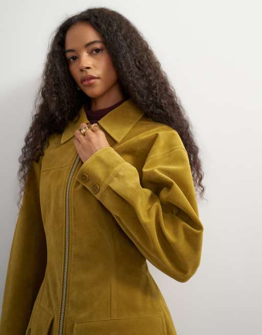 Topshop Blazerjacke in Velourslederoptik mit Taillierung in Senfgelb, 2 von 4