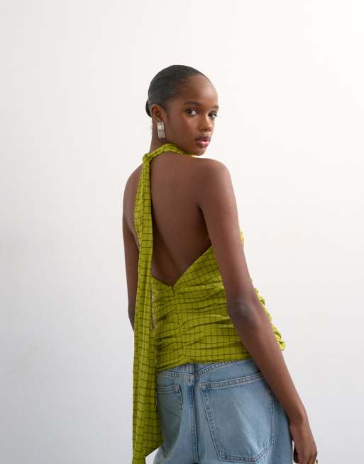 Topshop - Blød halterneck-top med ståkrave og grønt tern, 4 af 4
