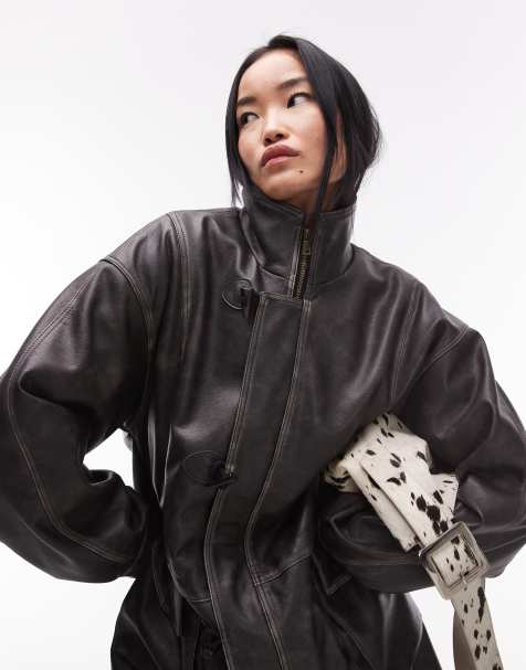 Topshop – Blekgrå jacka i läderimitation med knytning i midjan coh rutigt foder - view 1