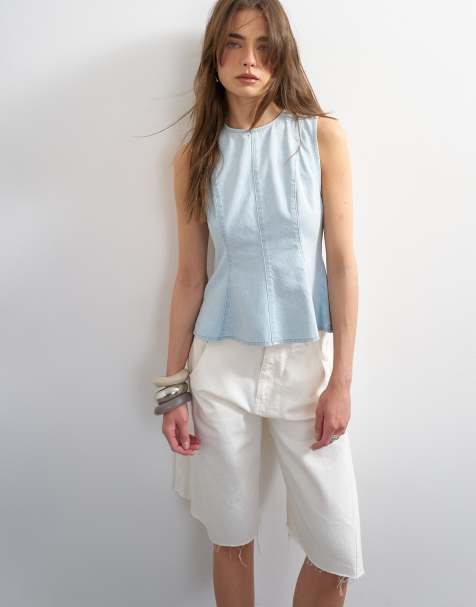 Topshop – Blekt jeanstopp i peplum-modell med dekorativ söm - view 1