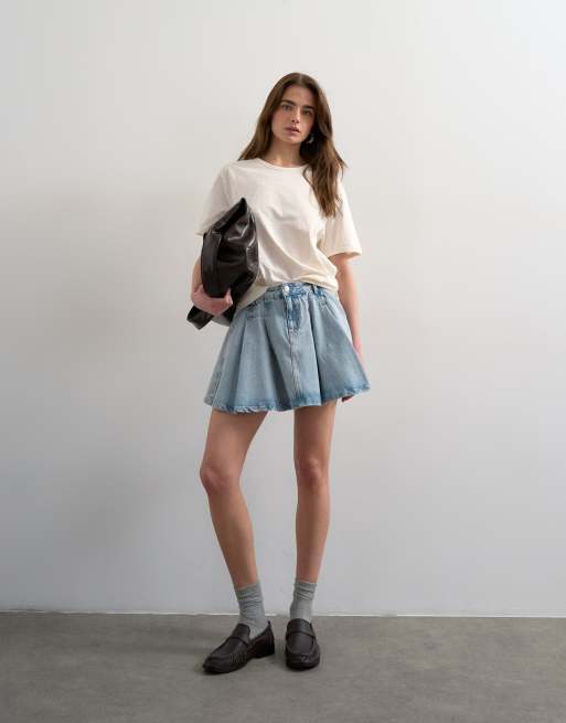 Topshop – Blekt, plisserad och vid jeanskjol i minilängd, 2 av 5