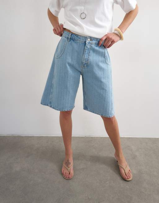 Topshop – Blekta, randiga jorts i denim med barrelben, 5 av 5