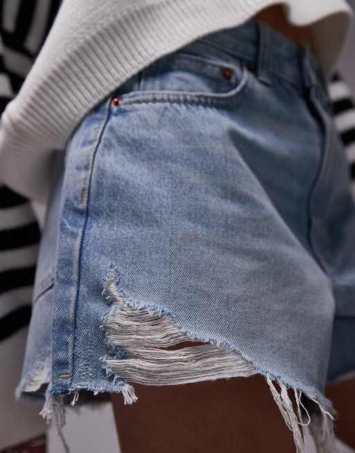 Topshop – Blekta, slitna, a-linjeformade jeansshorts i mom-modell, 3 av 5