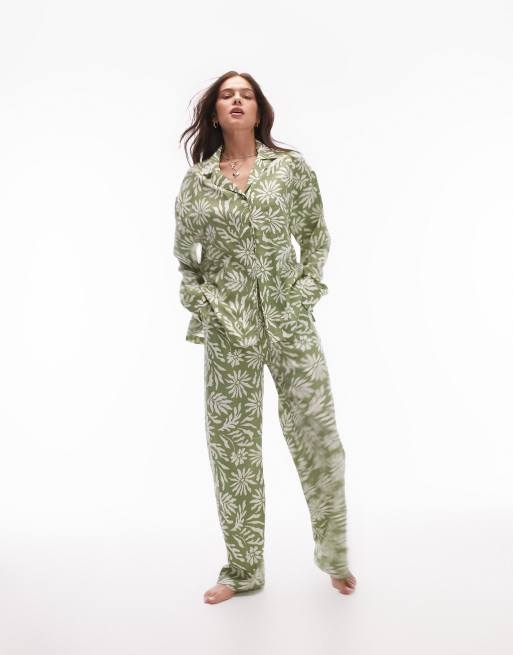 Topshop block floral print shirt and pants pajama set in green