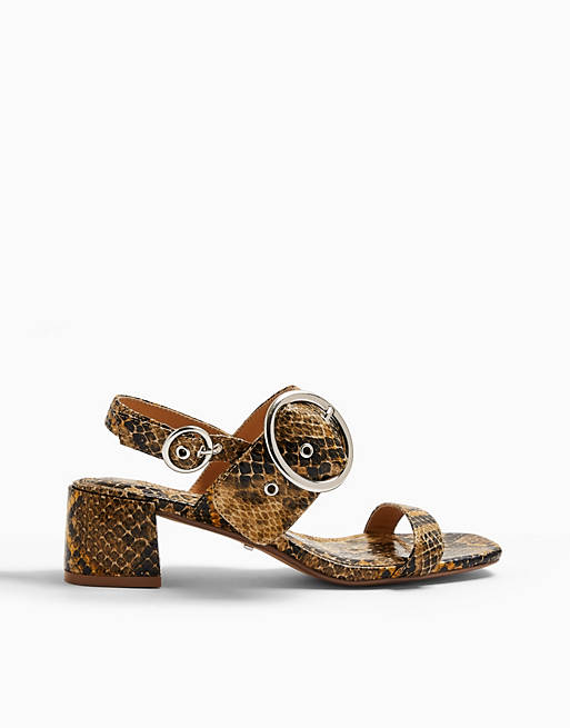 Topshop block heel buckle sandal in tan snake print