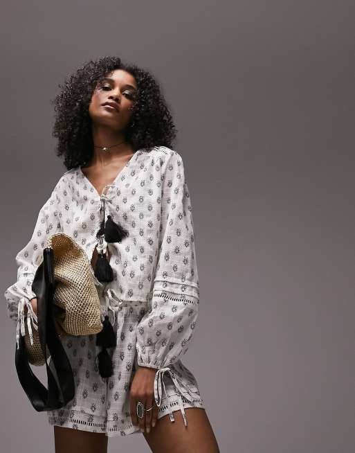 Topshop block print tie front beach top in monochrome (part of a set)