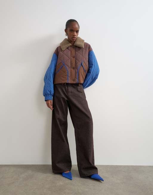 Topshop blockfärgad quiltad liner med teddykrage i blått, 3 av 4