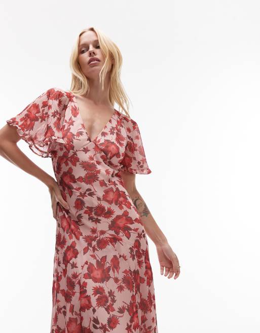 Topshop – Blommig maxiklänning i chiffong med utsvängd ärm, 2 av 4
