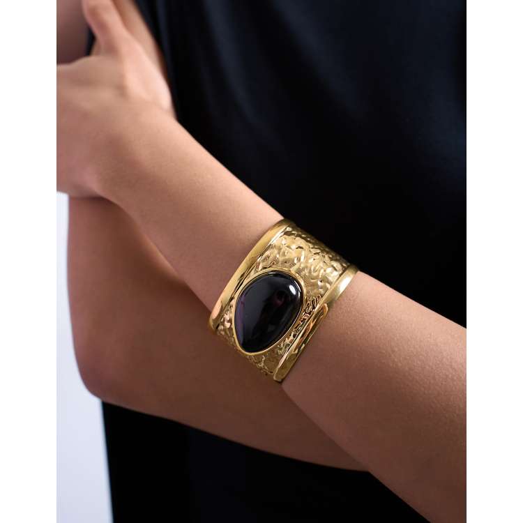 Bracelet Vintage Double Face - Maillons Couleur Or Avec Pierre Noire - Réf. 2243 - Occasion Très Bon état