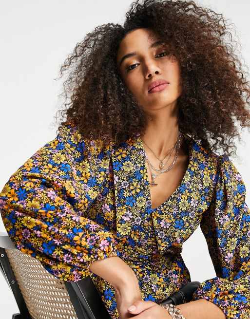 Topshop - Blouse à encolure plongeante et imprimé fleurs - Bleu - MBLUE, 3 de 4