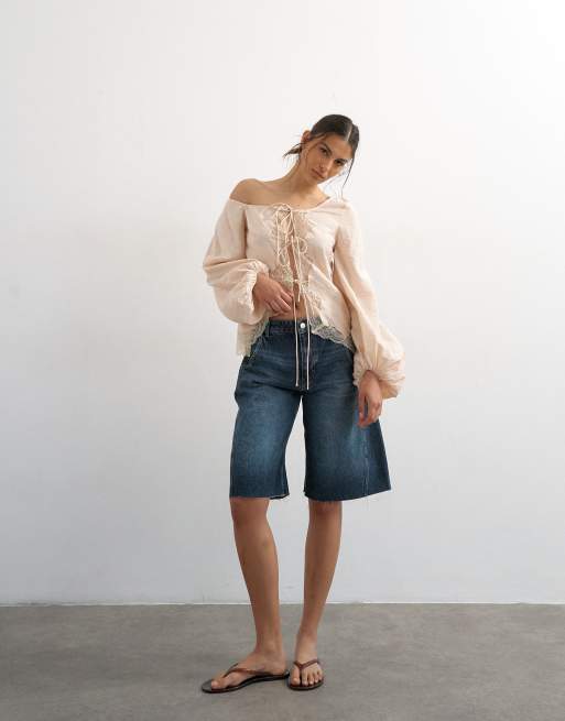 Topshop - Blouse à épaules dénudées nouées avec bordures en dentelle - Écru, 3 de 4