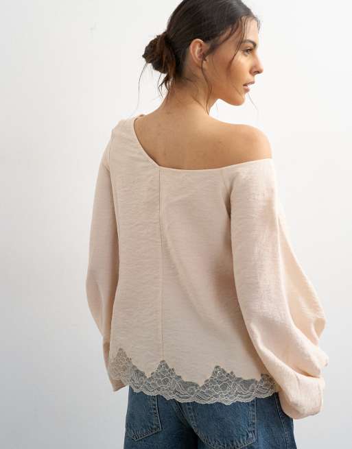 Topshop - Blouse à épaules dénudées nouées avec bordures en dentelle - Écru, 4 de 4