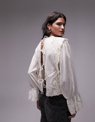 Topshop cutwork frill blouse in cream - ASOS Price Checker