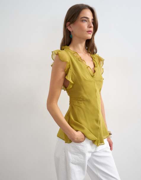 Topshop - Blouse douce avec col en V et manches à volants - Vert - view 1