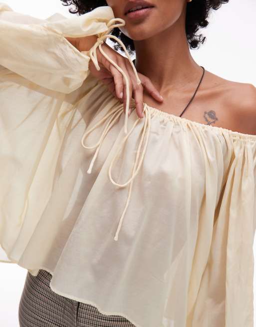 Topshop - Blouse évasée à manches longues et détail noué - Babeurre, 3 de 4