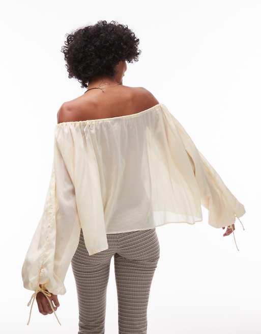 Topshop - Blouse évasée à manches longues et détail noué - Babeurre, 4 de 4