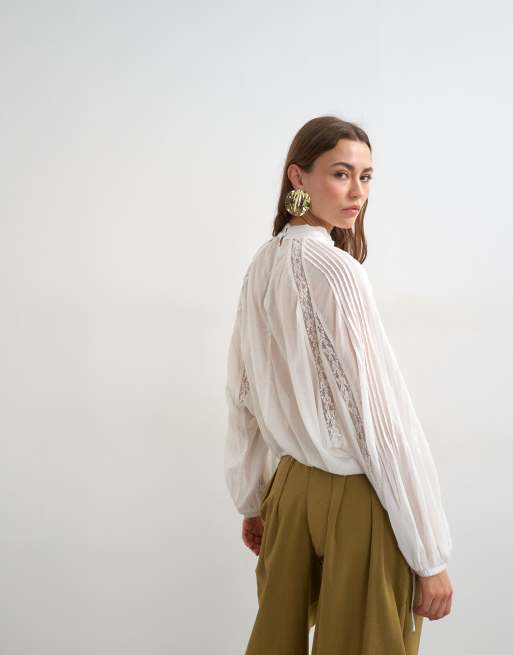 Topshop - Blouse froncée sur les côtés avec bords en dentelle - Blanc, 4 de 4