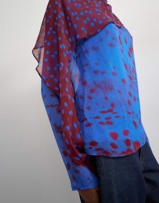 Topshop blouse met chiffon overlaag en blauw gemengde print, 3 van 4