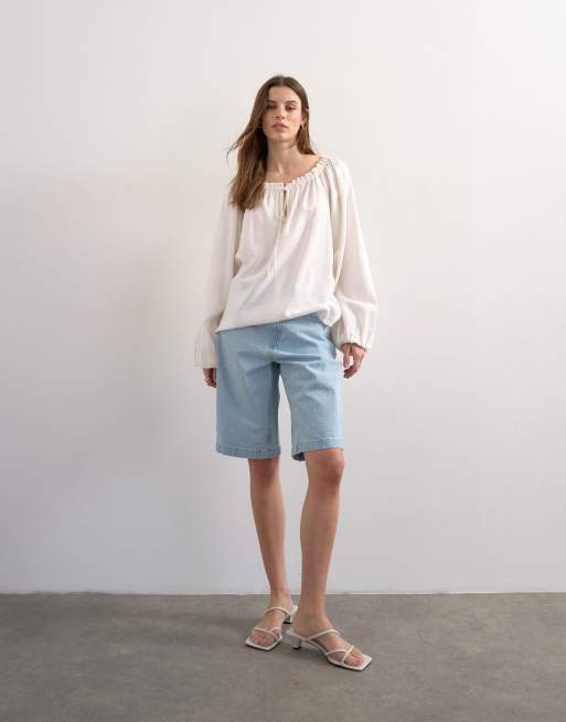 Topshop - Blouse met linnen, A-lijn en gestrikte voorkant in wit, 2 van 4