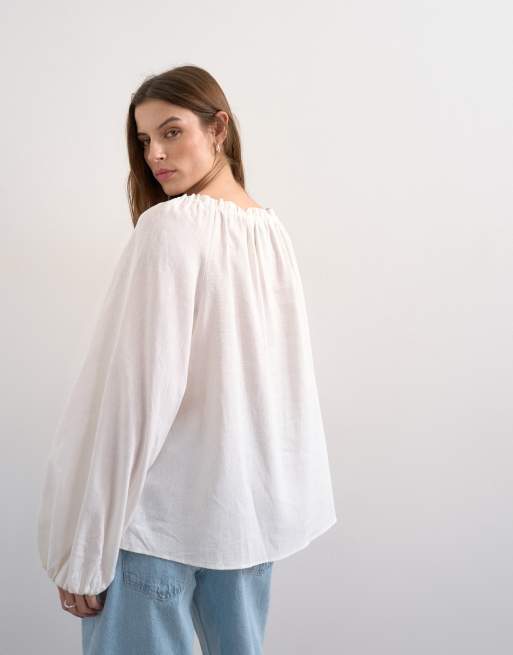 Topshop - Blouse met linnen, A-lijn en gestrikte voorkant in wit, 4 van 4