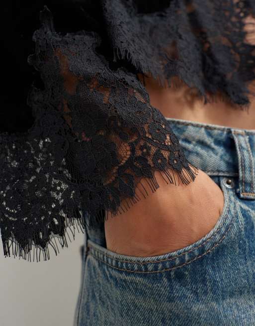Topshop blouse van fluweel met kanten applicatie in zwart, 4 van 4