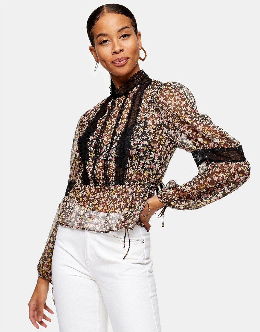 Topshop blouse with lace detail in floral-Multi
