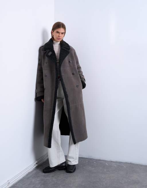 Topshop - Blouson aviateur long en imitation peau de mouton - Gris, 3 de 4