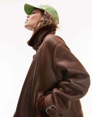 Topshop faux leather shearling aviator biker jacket in chocolate - ASOS Price Checker