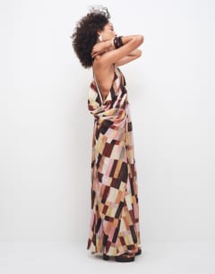 Model wearing Blouson beaded back maxi dress in mosaic print