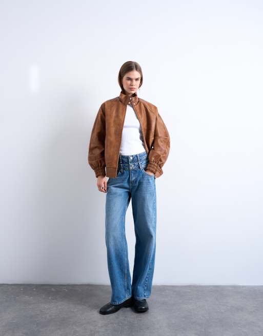 Topshop - Blouson en imitation cuir à col cheminée - Marron délavé, 3 de 4