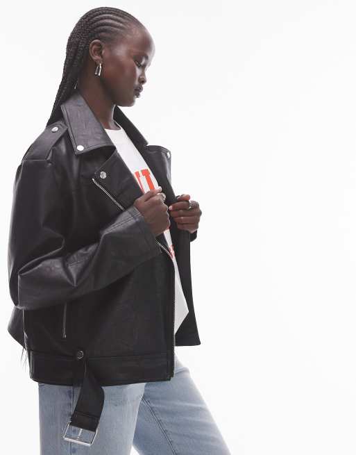 Topshop - Blouson en similicuir style motard - Noir délavé