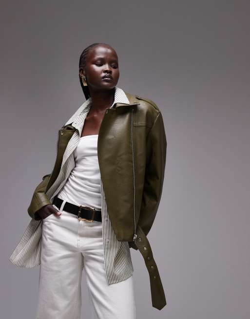 Topshop - Blouson en similicuir style motard - Vert