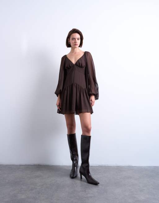 Topshop blouson sleeve mini day dress in chocolate brown, 4 of 4