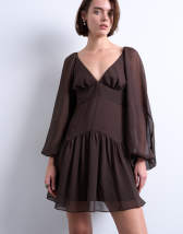 Topshop blouson sleeve mini tea dress in chocolate brown