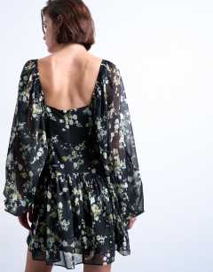 Model wearing Blouson sleeve mini tea dress in grungy floral