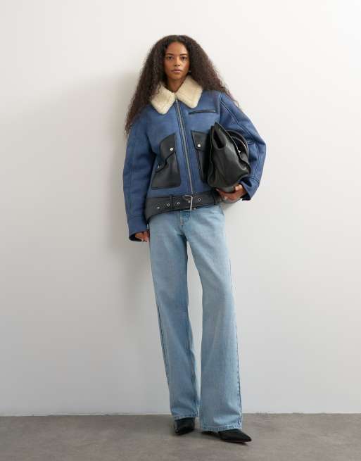 Topshop blouson style motard ceinturé en imitation peau de mouton bleu, 3 de 4
