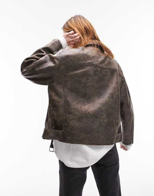 Topshop - Blouson style motard coupe oversize en similicuir - Marron délavé, 3 de 4
