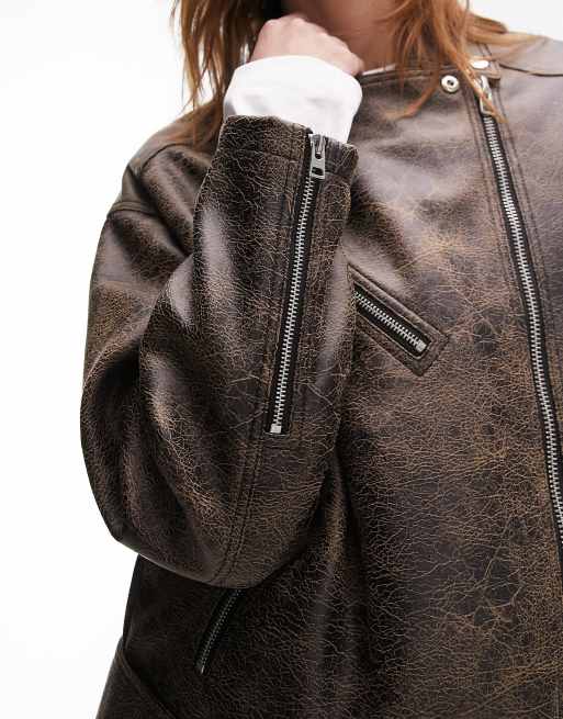 Topshop - Blouson style motard coupe oversize en similicuir - Marron délavé, 4 de 4