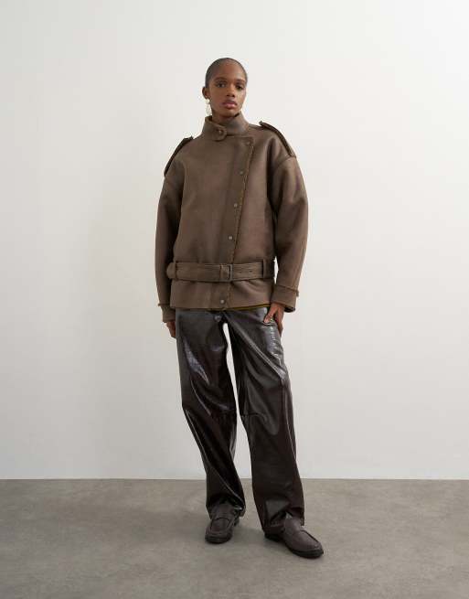 Topshop blouson style motard en peau retournée kaki, 2 de 4