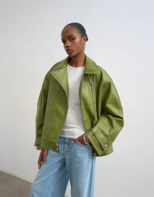 Topshop - Blouson style motard en similicuir à col cheminée - Vert